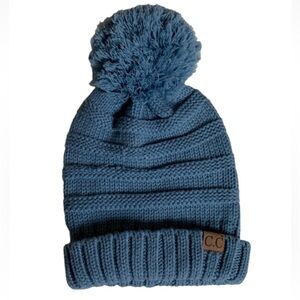 C.C blue ribbed knit Slouch beanie with large Pom